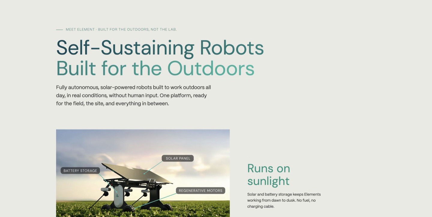 Aigen website showing Element agricultural robots