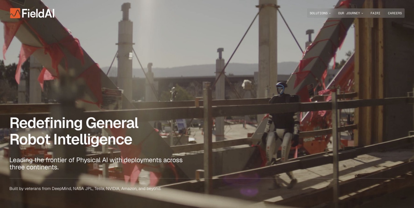 FieldAI website showing robots operating on industrial sites