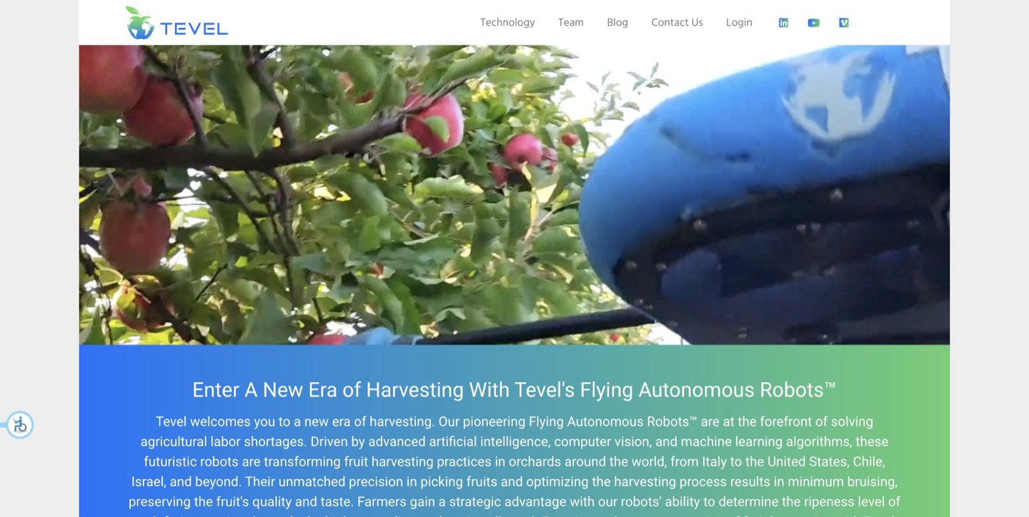 Tevel website showing flying fruit-picking robots in an orchard