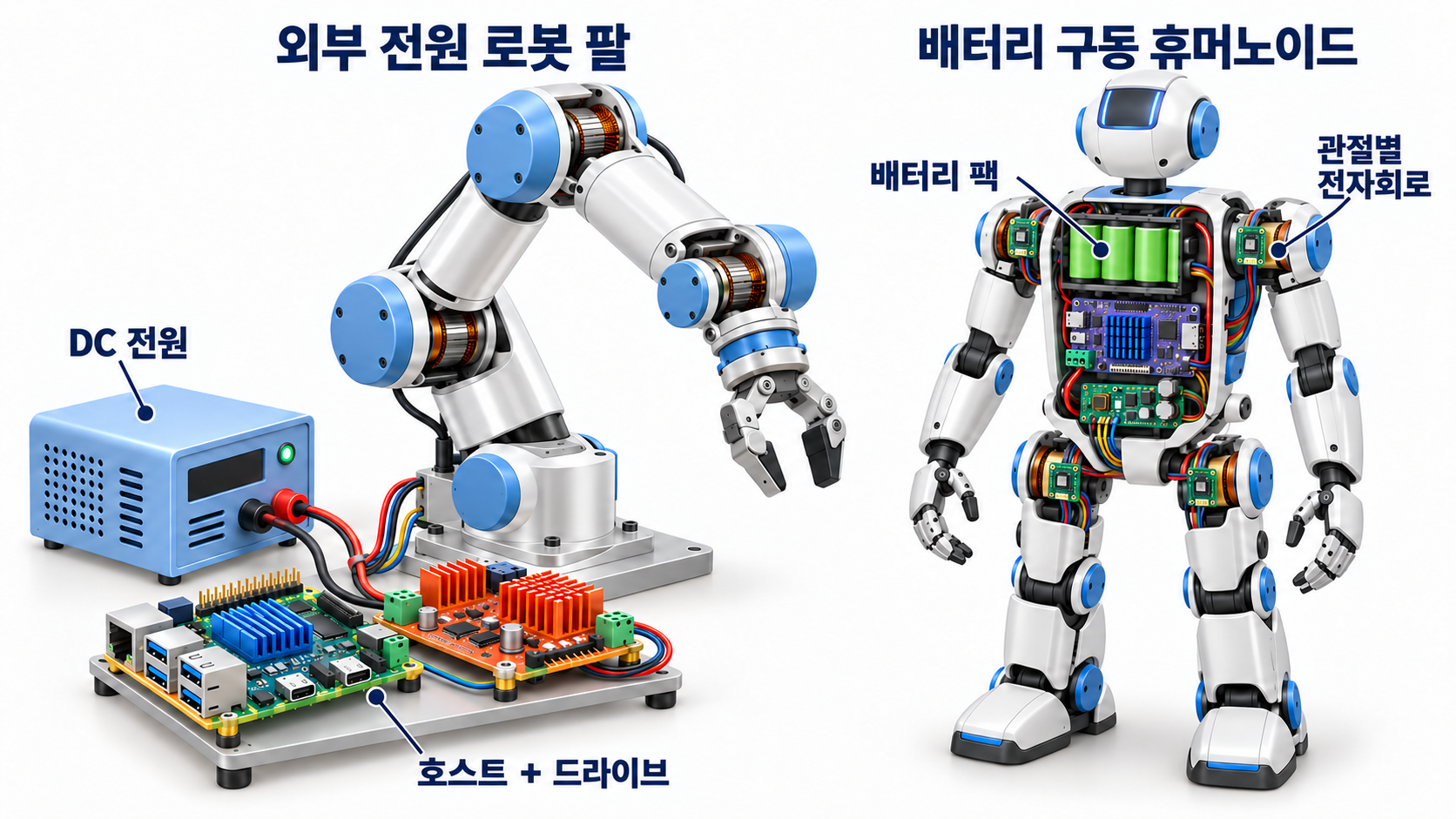 외부 전원으로 구동하는 로봇 팔과 관절별 전자회로가 분산된 배터리 구동 휴머노이드의 개념 비교도.