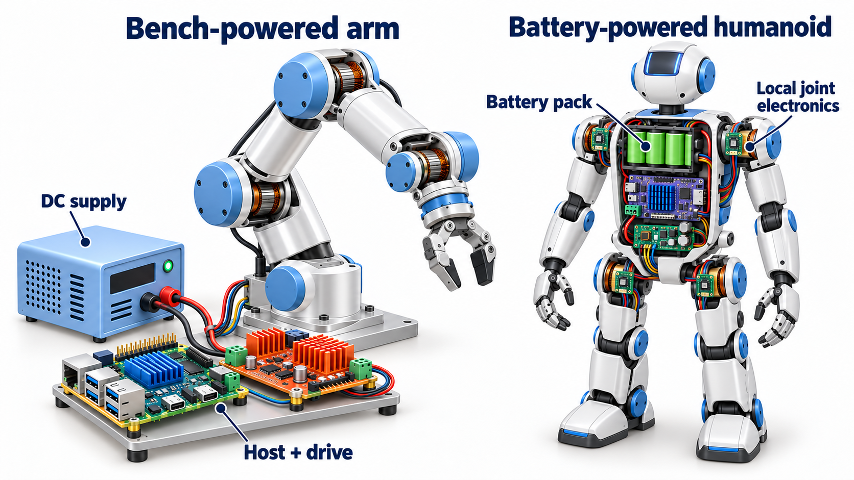 Conceptual comparison of a bench-powered robot arm and a battery-powered humanoid with distributed joint electronics.