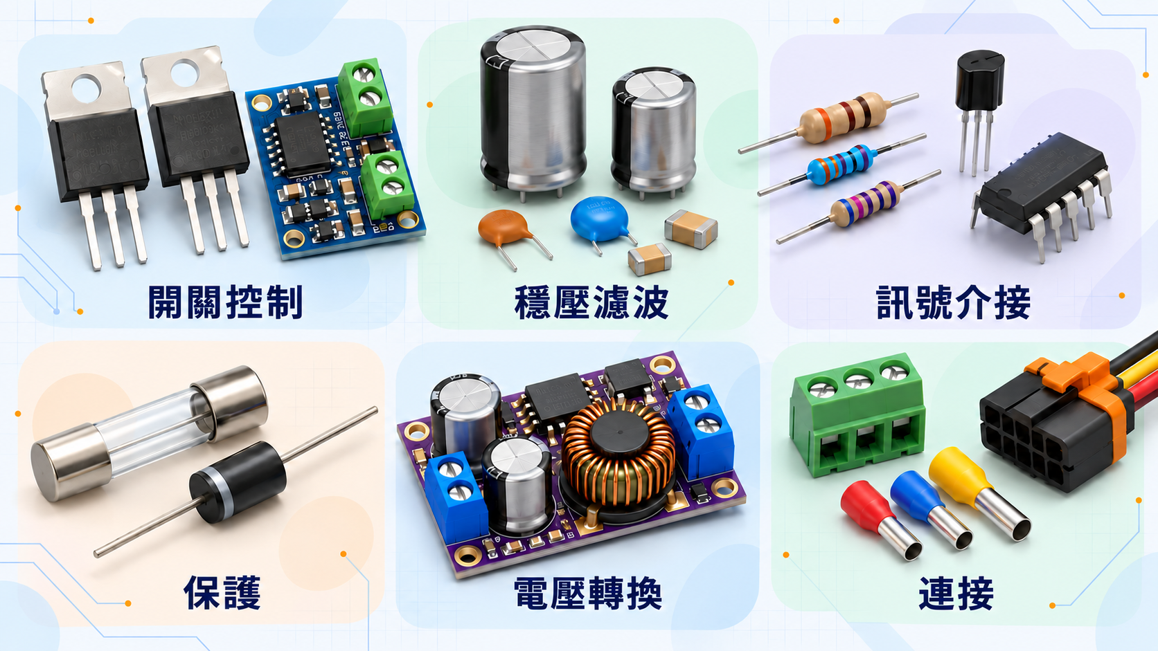 元件的六種功能：開關控制、穩壓濾波、訊號介接、保護、電壓轉換與連接。