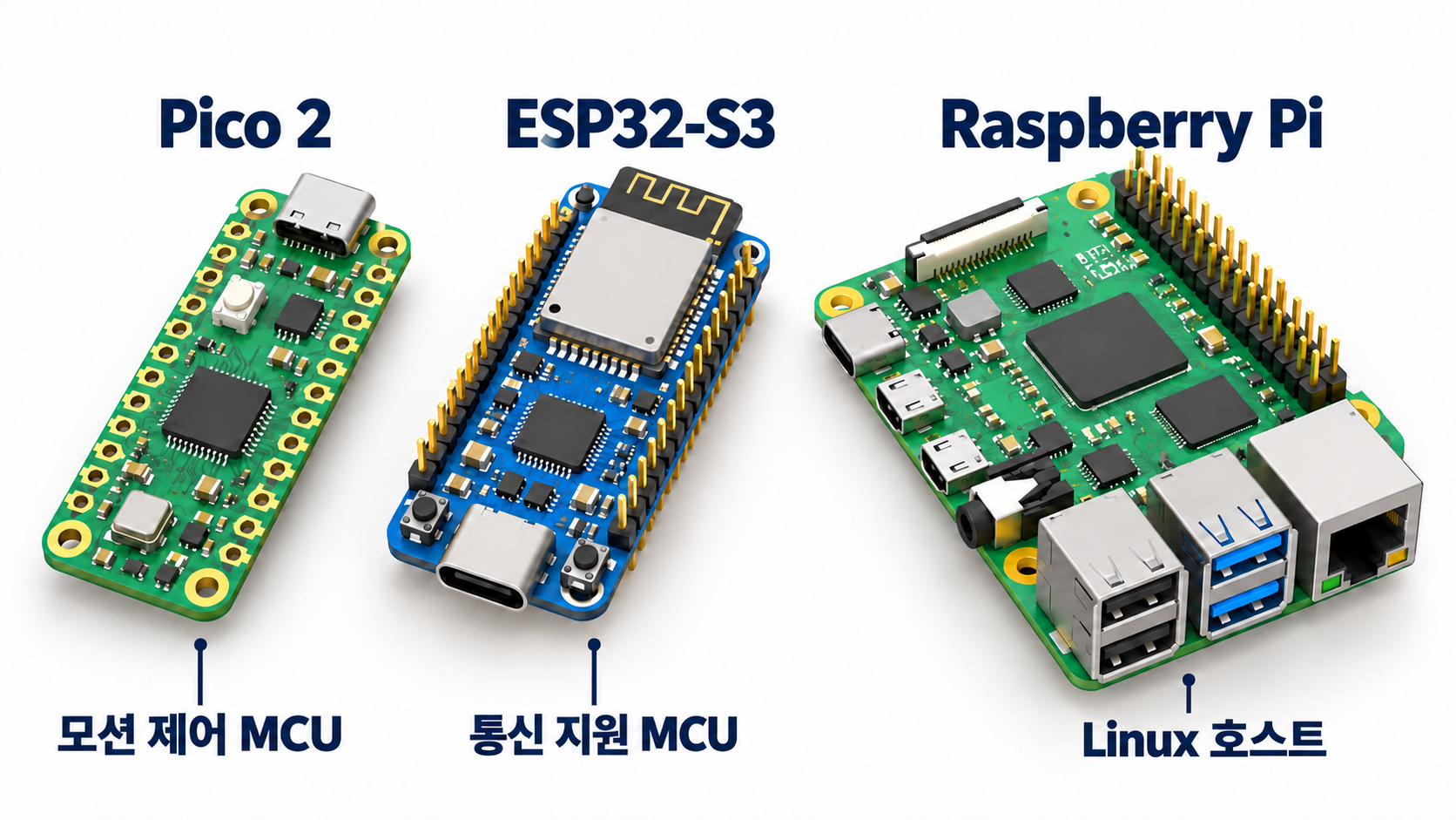 보드 역할을 표시한 그림: Pico 2는 모션 제어 MCU, ESP32-S3는 통신 지원 MCU, Raspberry Pi는 Linux 호스트.