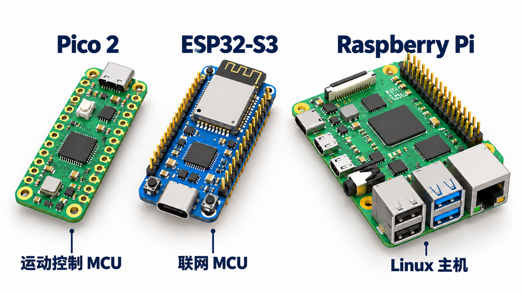 标注各板卡角色的示意图：Pico 2 为运动控制 MCU，ESP32-S3 为联网 MCU，Raspberry Pi 为 Linux 主机。
