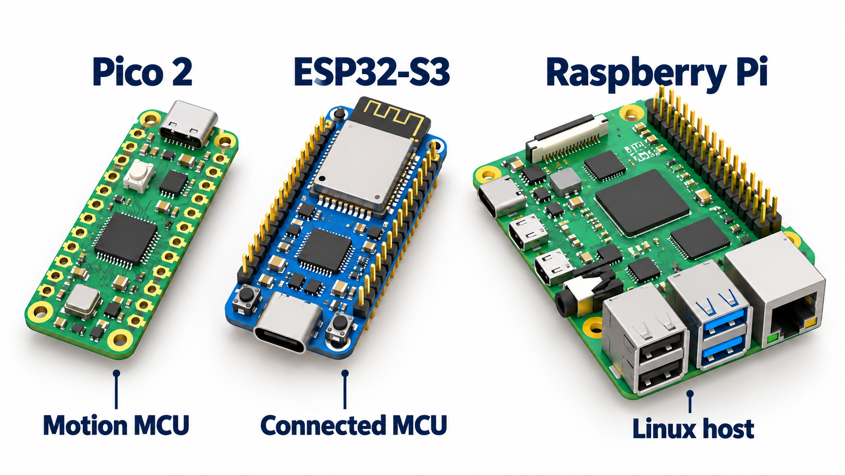 Labeled illustrations: Pico 2, Motion MCU; ESP32-S3, Connected MCU; Raspberry Pi, Linux host.