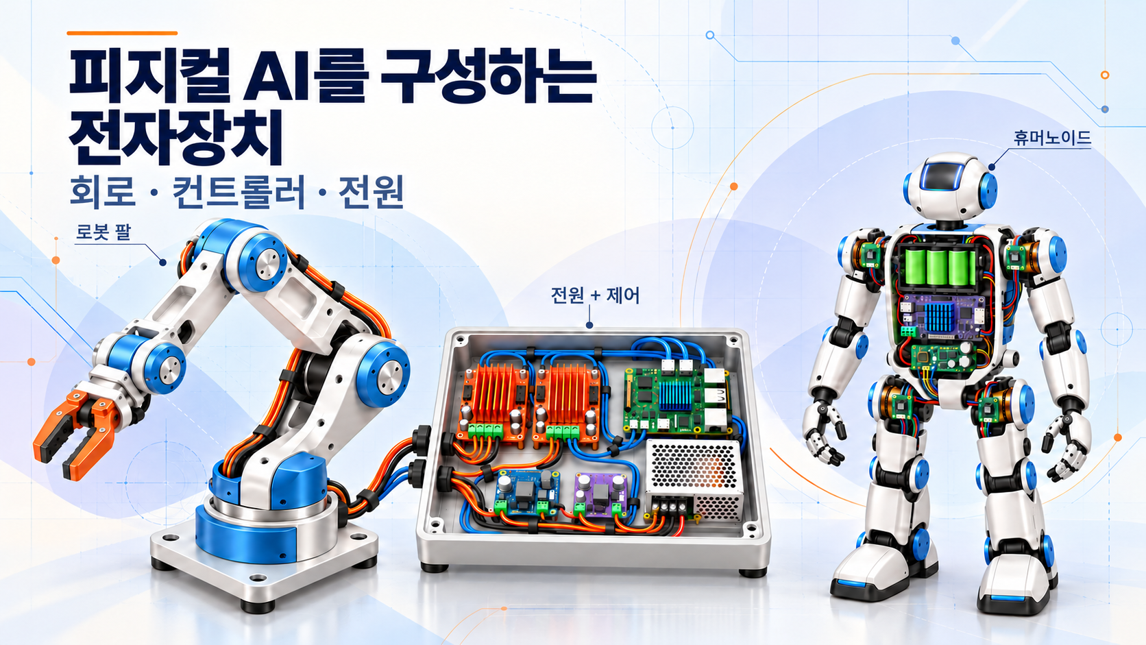 피지컬 AI를 구성하는 전자장치: 회로, 컨트롤러, 전원. 옅은 회로 무늬 배경에 로봇 팔, 전원·제어 장치, 휴머노이드를 배치한 그림.