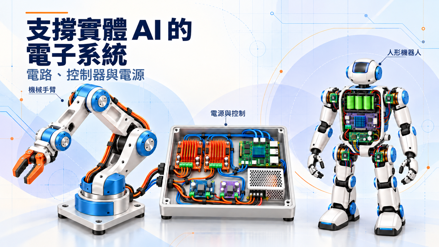 支撐實體 AI 的電子系統：電路、控制器與電源。淺色電路紋理背景中，機械手臂與人形機器人之間放置著供電和控制裝置。