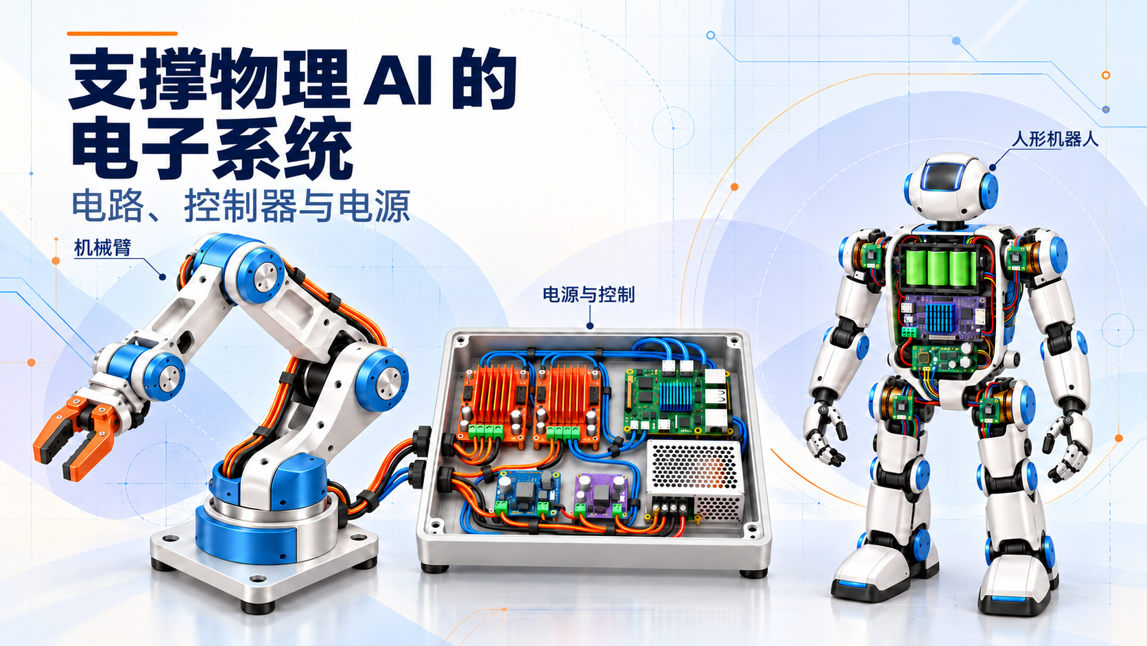 支撑物理 AI 的电子系统：电路、控制器与电源。浅色电路纹理背景中，机械臂与人形机器人之间放置着供电和控制装置。