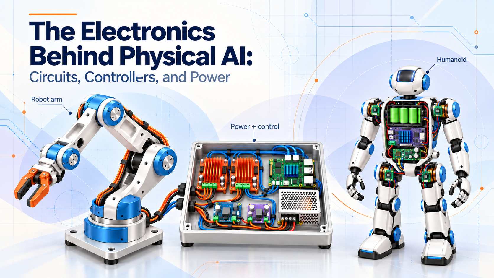 The Electronics Behind Physical AI: Circuits, Controllers, and Power. A robot arm and humanoid share a pale circuit-patterned scene with their electronics.