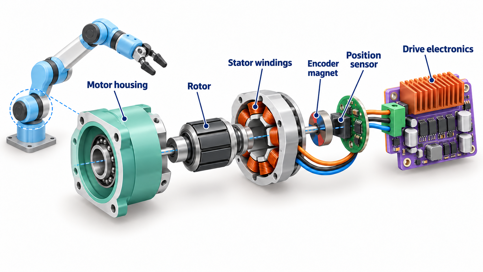 Conceptual exploded brushless joint showing a motor, encoder magnet and sensor, and motor-drive power electronics.