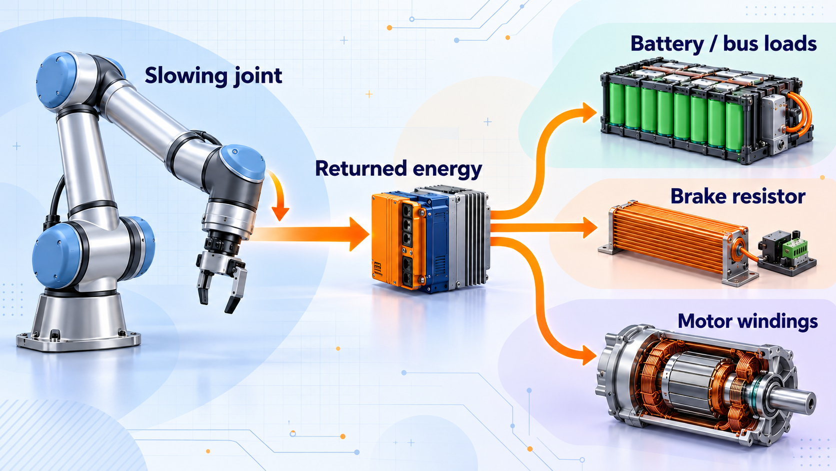 A slowing arm returns energy toward a drive; battery or bus loads, a brake resistor and motor windings are alternative destinations.