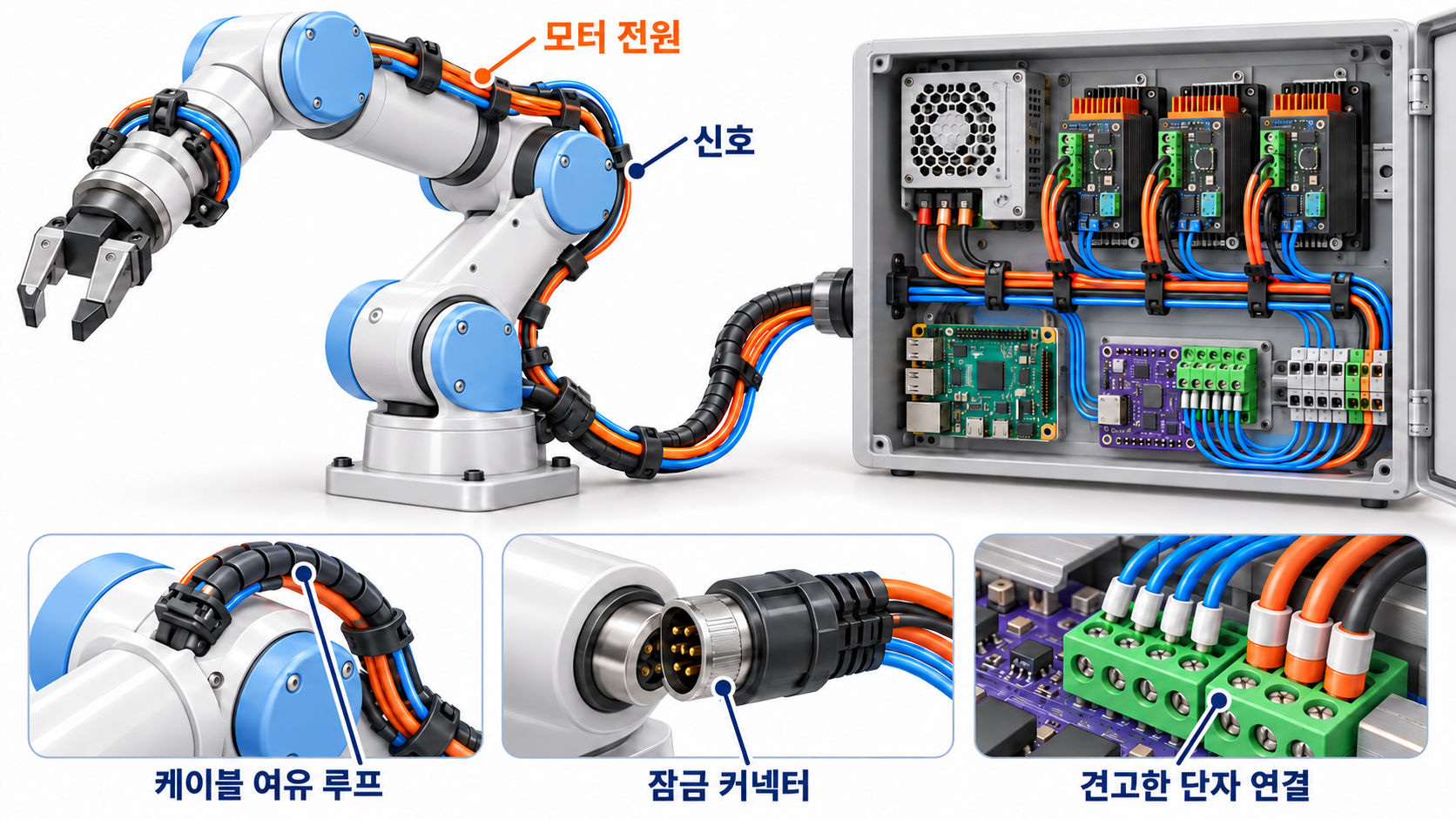 움직이는 케이블 루프, 분리된 전원·신호 경로, 단자, 스트레인 릴리프를 보여 주는 로봇 팔 하네스 개념도.