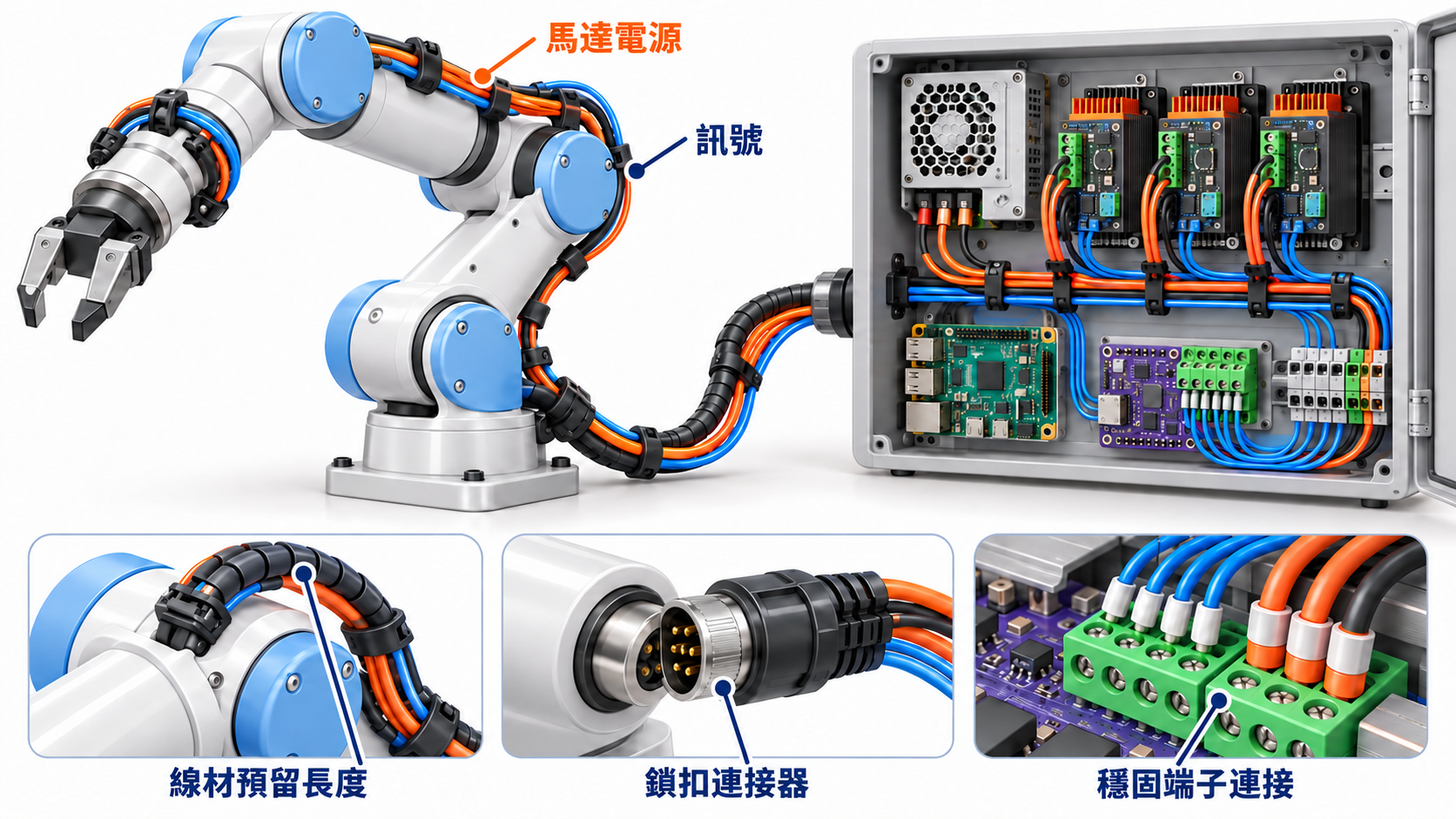 機械手臂線束概念圖，呈現活動線材預留長度、分離的電源與訊號路徑、端子及應力消除結構。