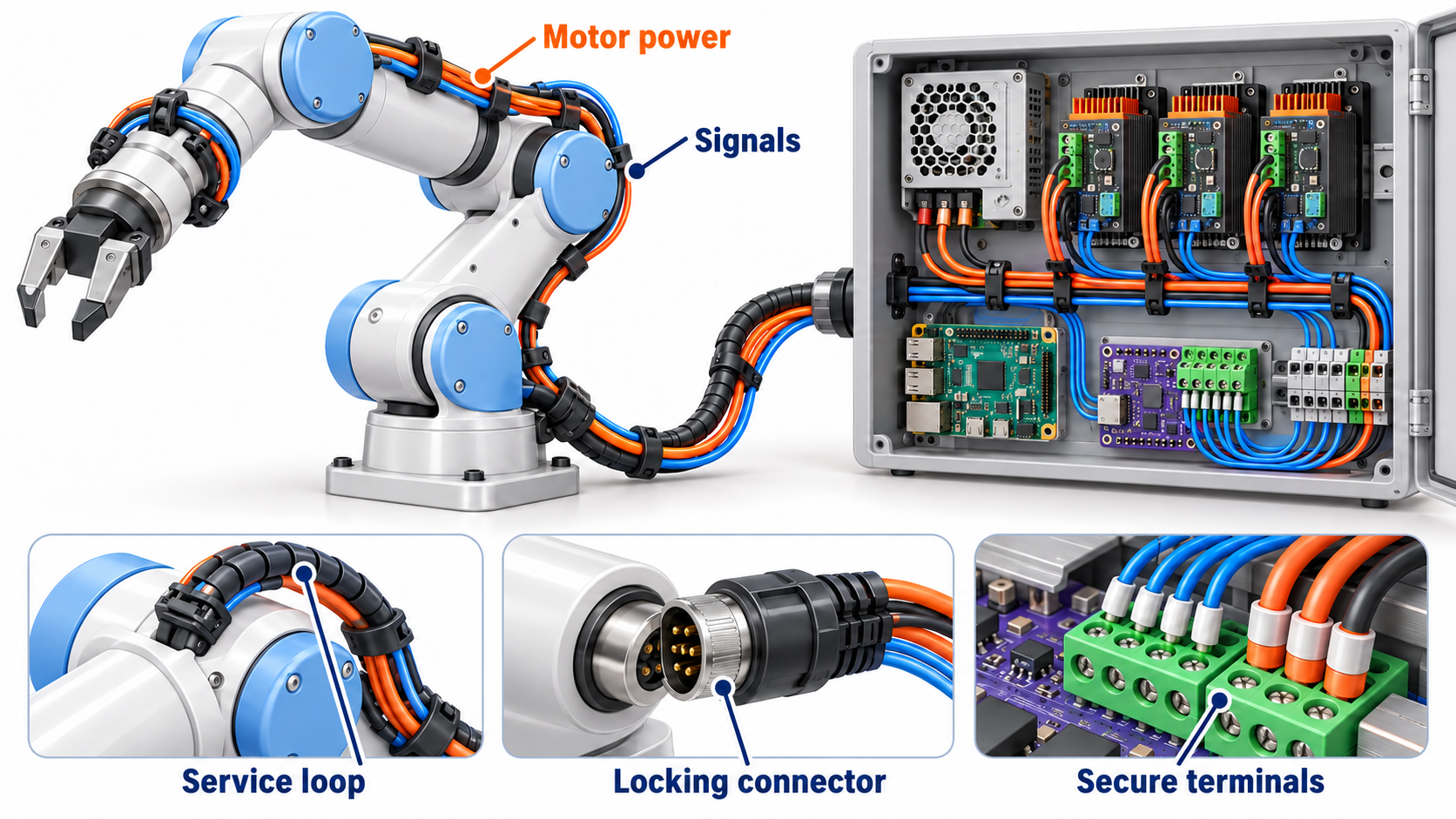 Conceptual arm harness with moving cable loops, separate power and signal routes, terminals and strain relief.