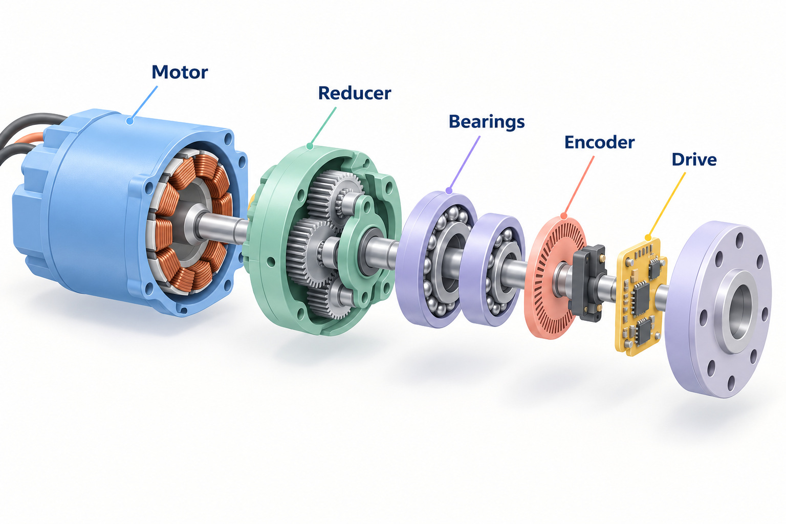 Exploded rotary actuator showing housing, copper-wound stator, rotor, reduction, output bearing, encoder and electronics.