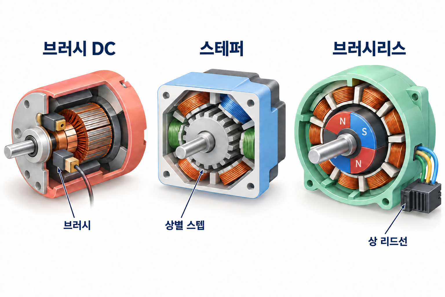 브러시 DC, 하이브리드 스테퍼, 브러시리스 영구자석 모터의 단면 비교.