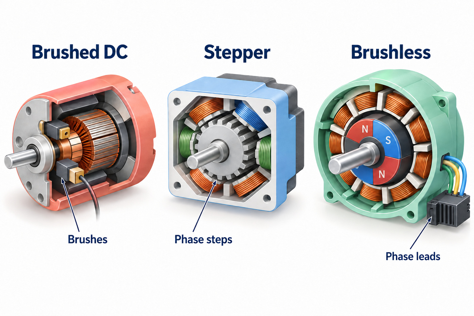 Cutaway comparison of brushed DC, hybrid stepper and brushless permanent-magnet motors.