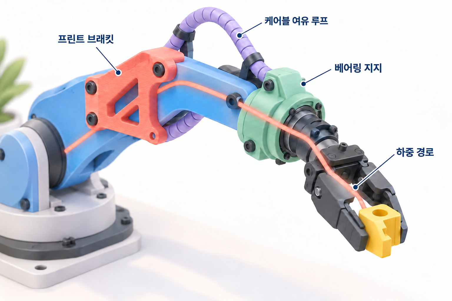 잡은 부품에서 그리퍼, 지지된 손목, 리브 보강 브래킷, 팔 링크로 이어지는 하중 경로와 케이블 여유 루프를 보여 주는 로봇 전완부.