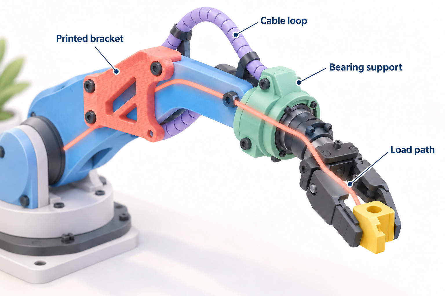 Robot forearm showing the load path from a grasped part through the gripper, supported wrist, ribbed bracket and arm link, with a cable service loop.