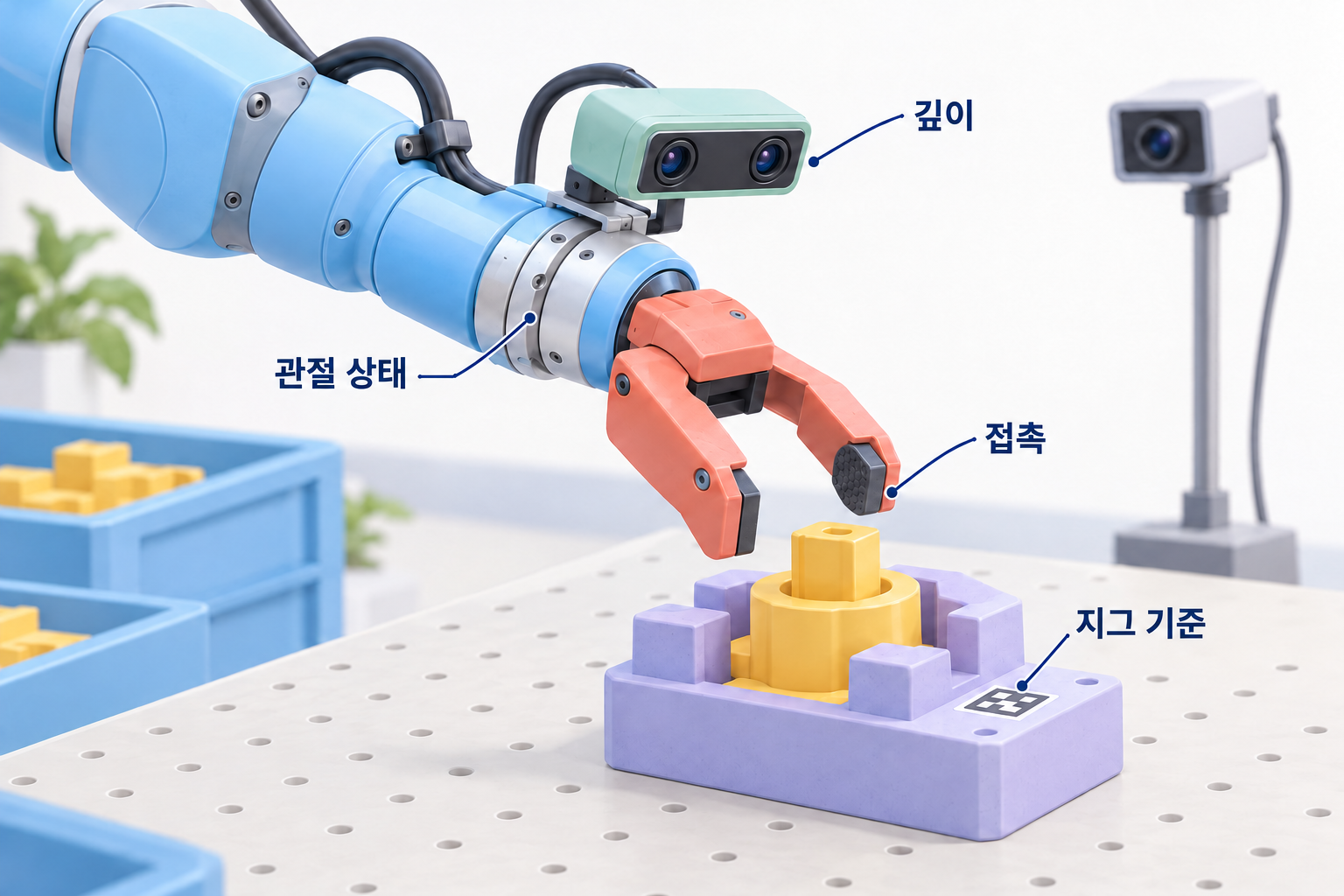 지그 주변의 로봇 손목, 스테레오 카메라, 촉각 핑거팁, 힘·토크 센서, 고정형 전체 관찰 카메라.