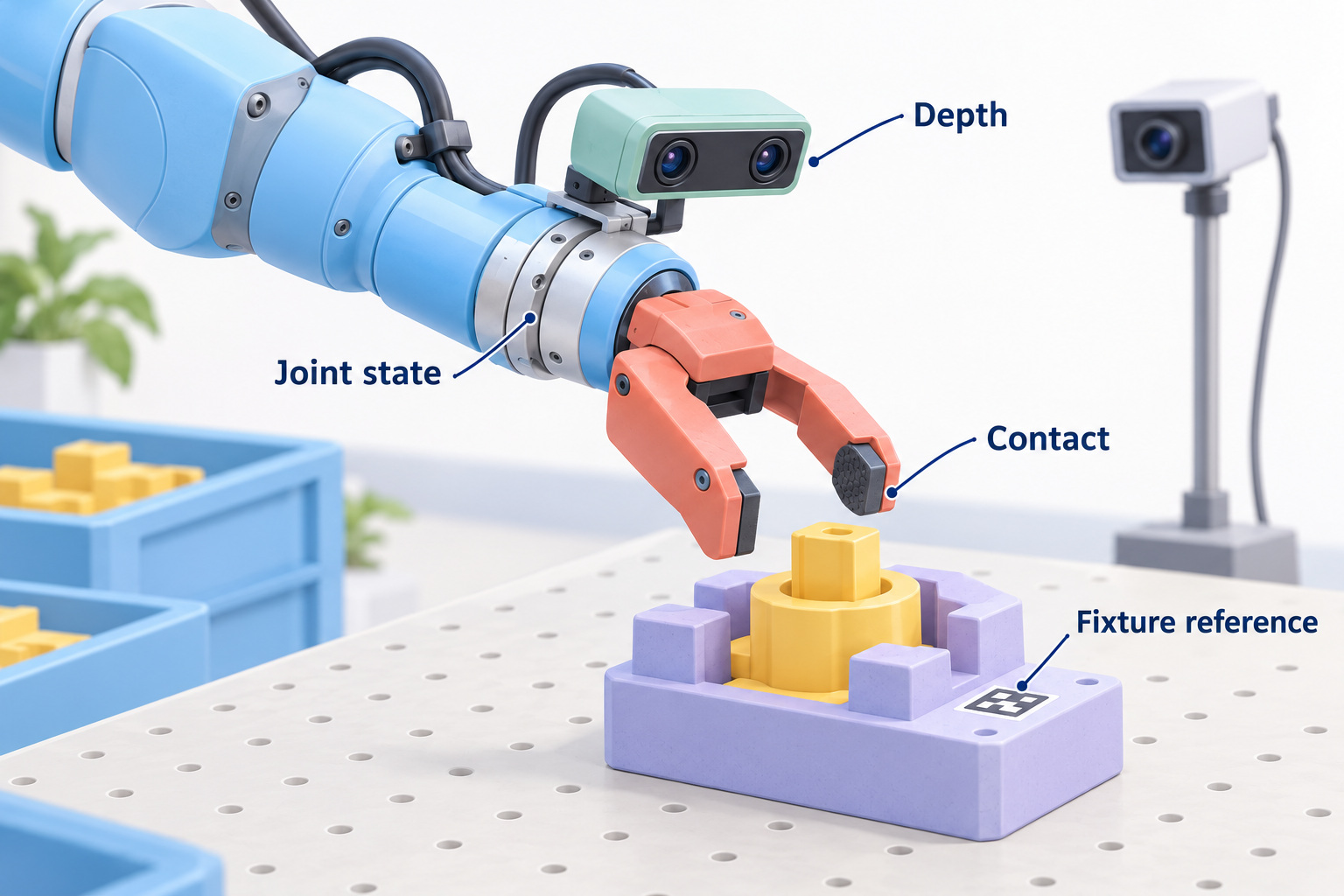 Robot wrist, stereo camera, tactile fingertip, force-torque sensor and fixed overview camera around a fixture.
