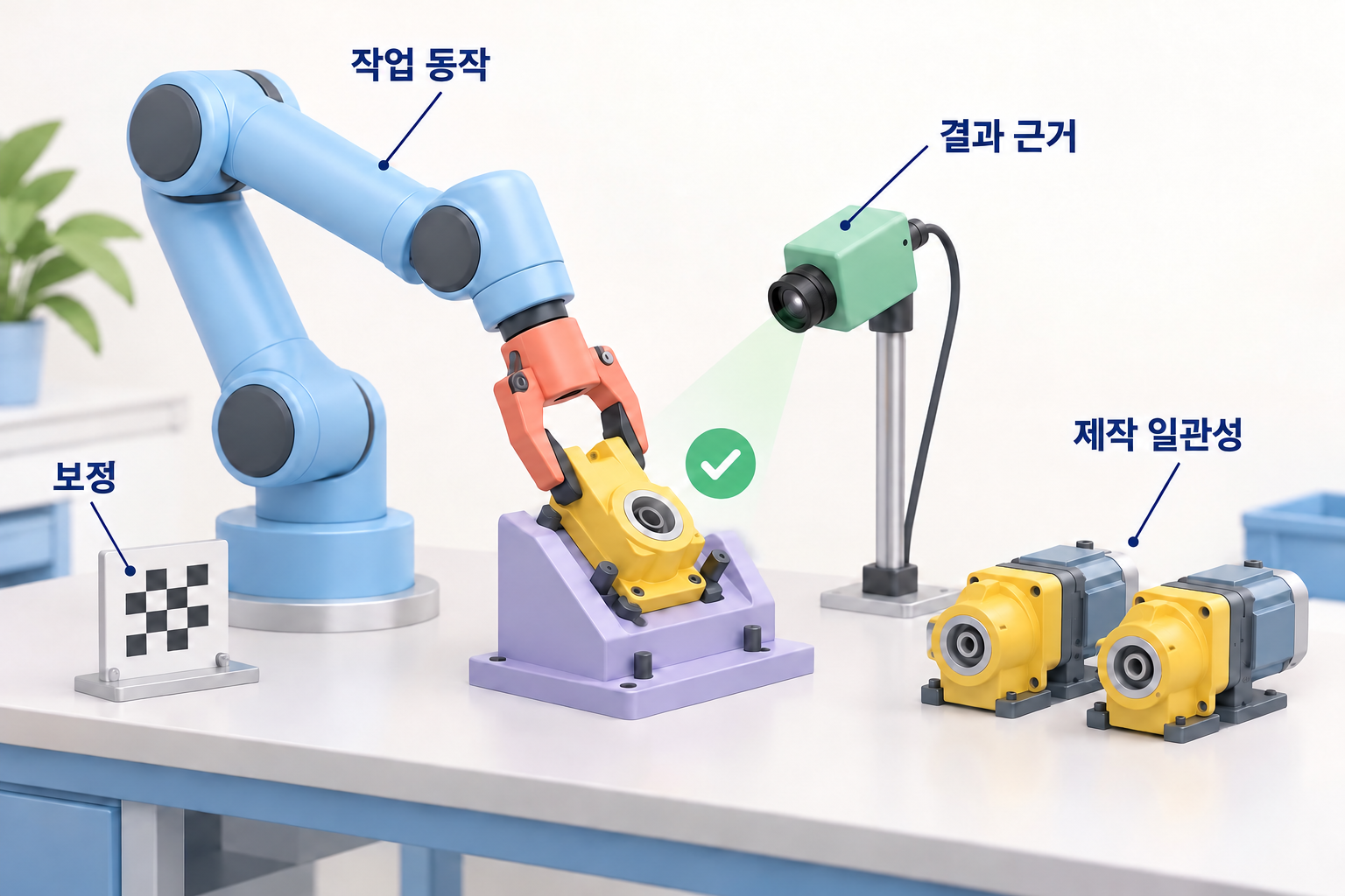 검사 카메라, 계측 기준, 반복 제작 시험용으로 정렬된 조립품을 갖춘 로봇 삽입 셀.