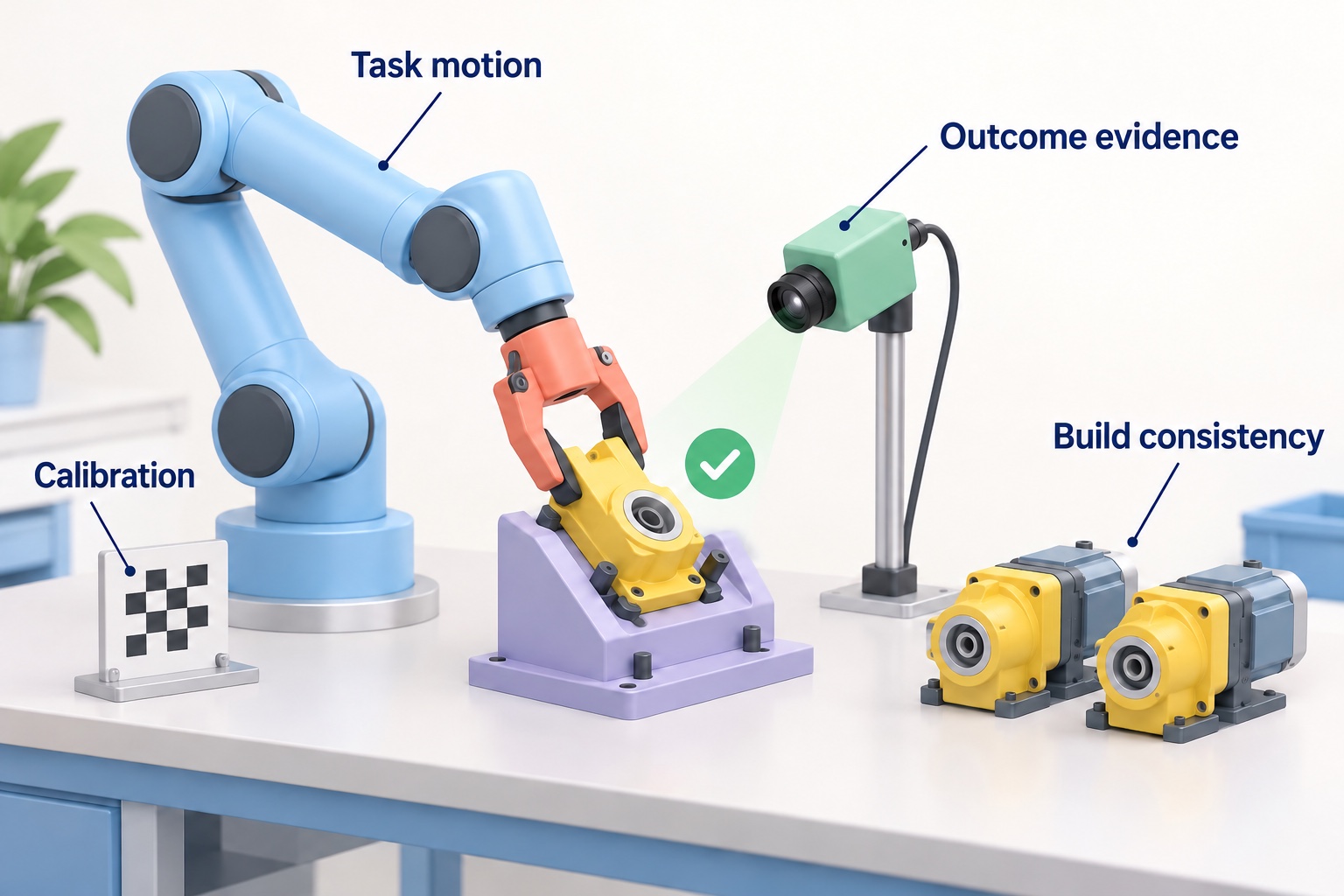 Robot insertion cell with an inspection camera, metrology reference and organized assemblies for repeat-build testing.