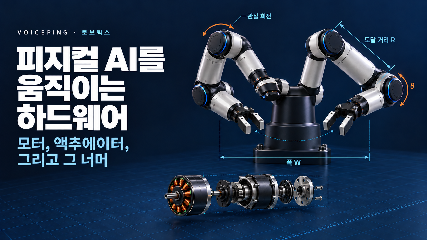 도달 거리, 폭, 관절 회전이 표시된 양팔 로봇 개념도. 아래에는 모터와 전달기구의 분해도가 있습니다.