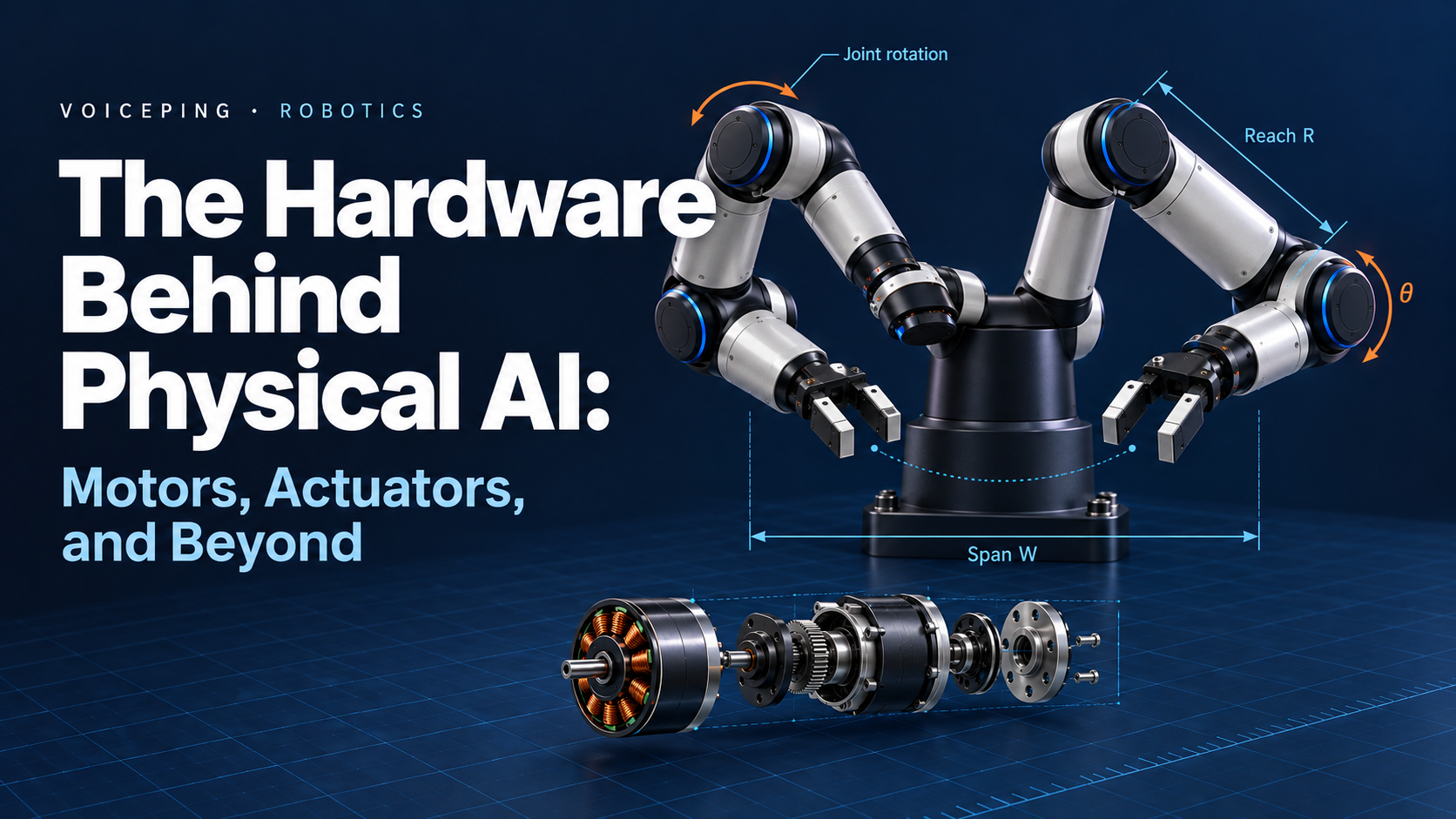 Concept dual-arm robot with reach, span and joint-rotation annotations, above an exploded motor and transmission assembly.