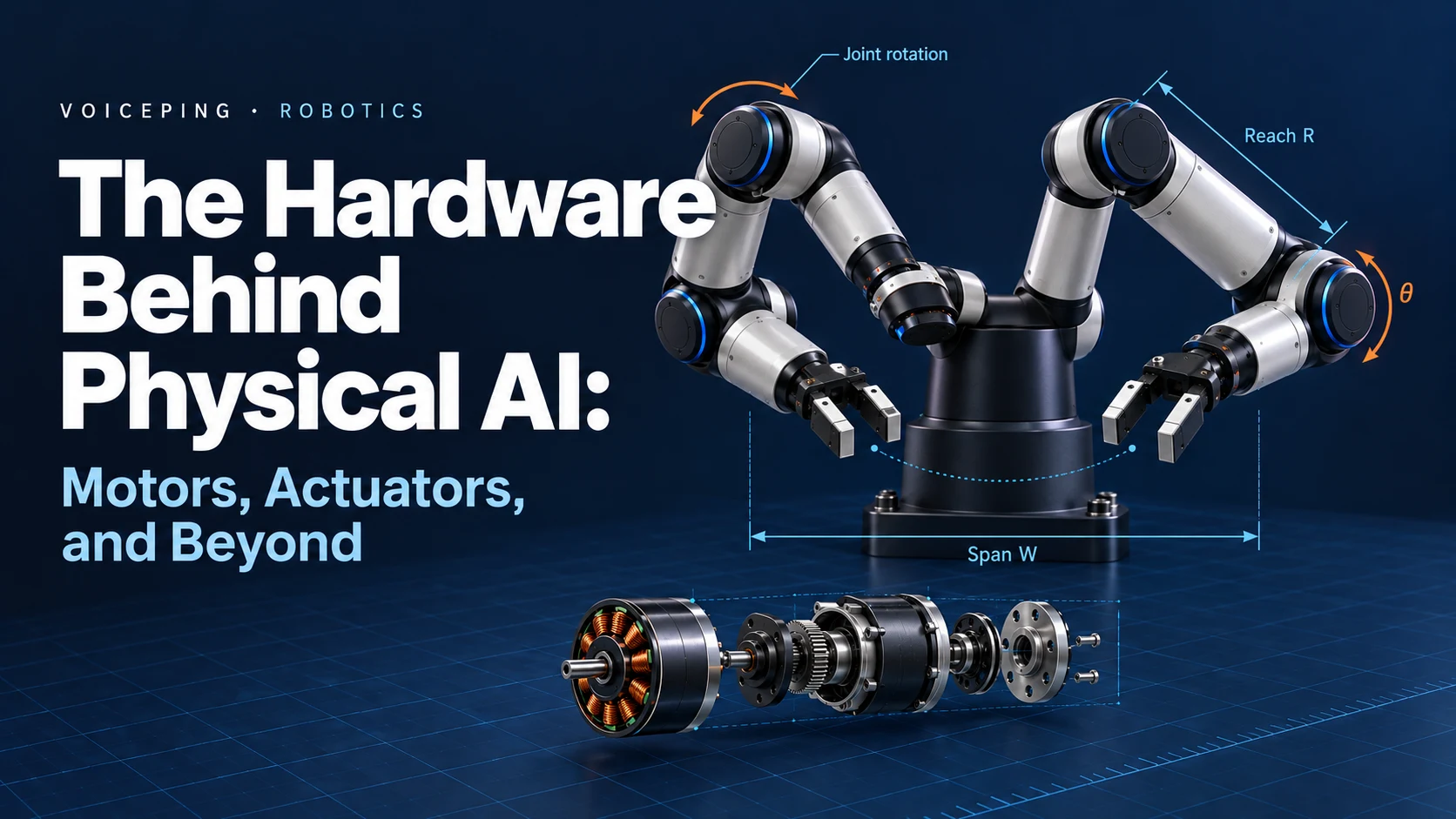 Concept dual-arm robot with reach, span and joint-rotation annotations, above an exploded motor and transmission assembly.