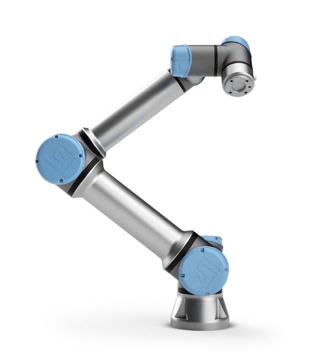 Official Universal Robots UR5e product render showing the complete silver arm, blue joint covers, base, and tool flange.