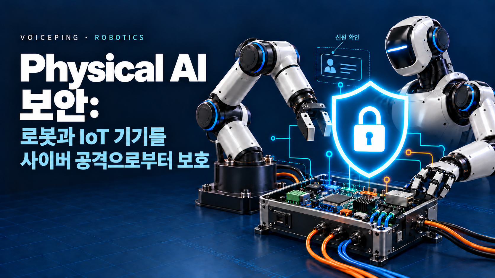 Physical AI 보안: 로봇과 IoT 기기를 사이버 공격으로부터 보호합니다. 어두운 엔지니어링 그리드 위에서 산업용 로봇 팔, 휴머노이드, 컨트롤러가 커다란 청록색 방패를 둘러싸고 있습니다.