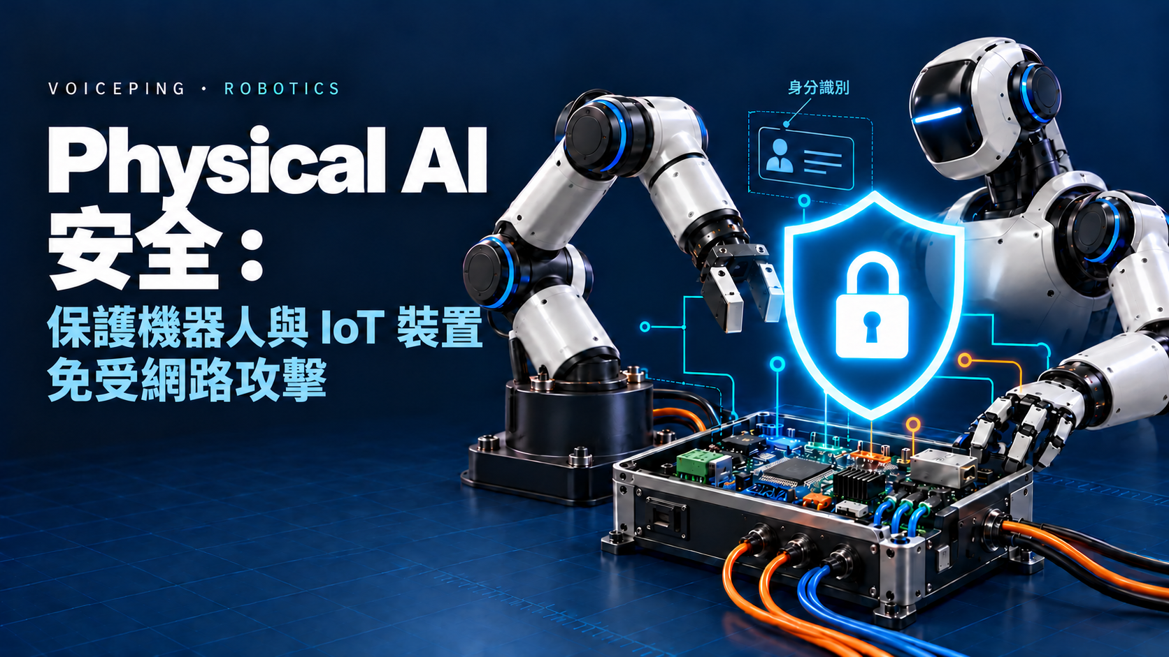 Physical AI 安全:保護機器人與物聯網裝置免受網路攻擊。工業機械手臂、人形機器人與控制器圍繞著深色工程網格上的青色盾牌。