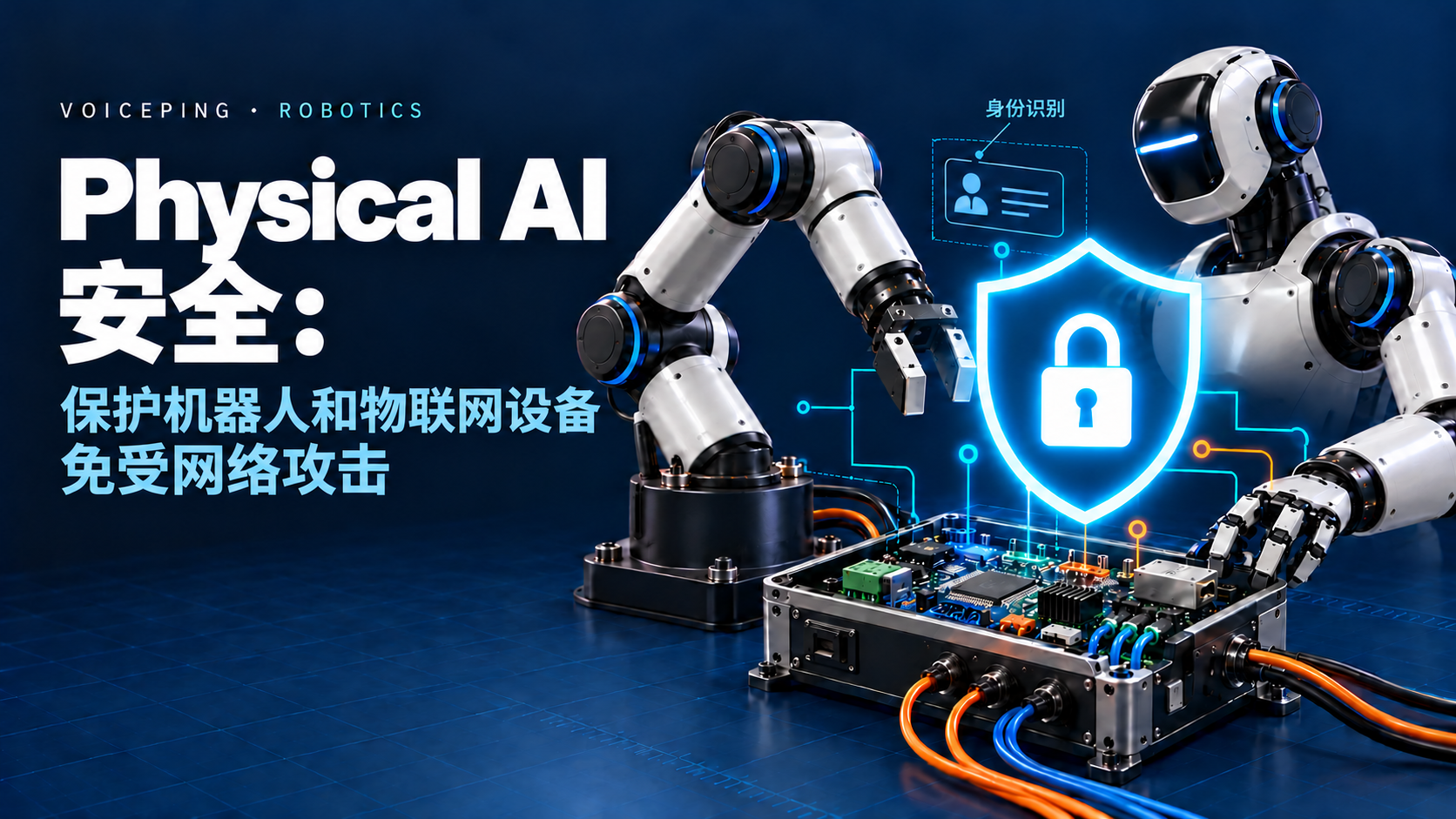 Physical AI 安全：保护机器人和物联网设备免受网络攻击。工业机械臂、人形机器人和控制器围绕着深色工程网格上的青色盾牌。
