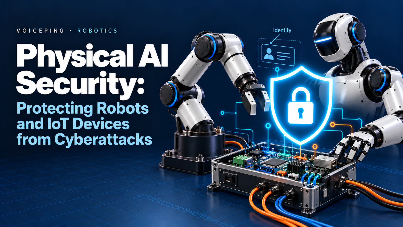 Physical AI Security: Protecting Robots and IoT Devices from Cyberattacks. An industrial robot arm, humanoid and controller surround a large cyan shield on a dark engineering grid.