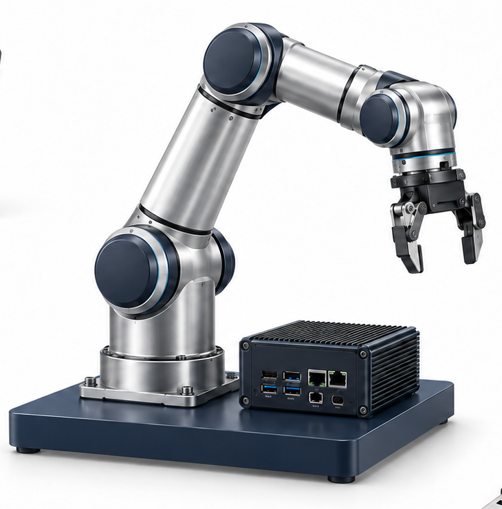 Illustrative local robot arm and edge controller inside an internet-isolated deployment boundary.
