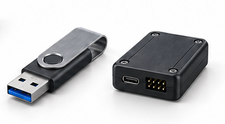 Illustrative USB storage and separate enclosed debug adapter for physical access.