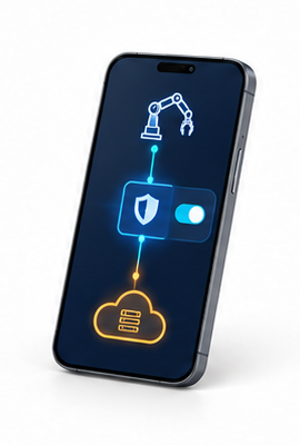 Illustrative companion phone showing a local-device, app-permission and external-network relay.