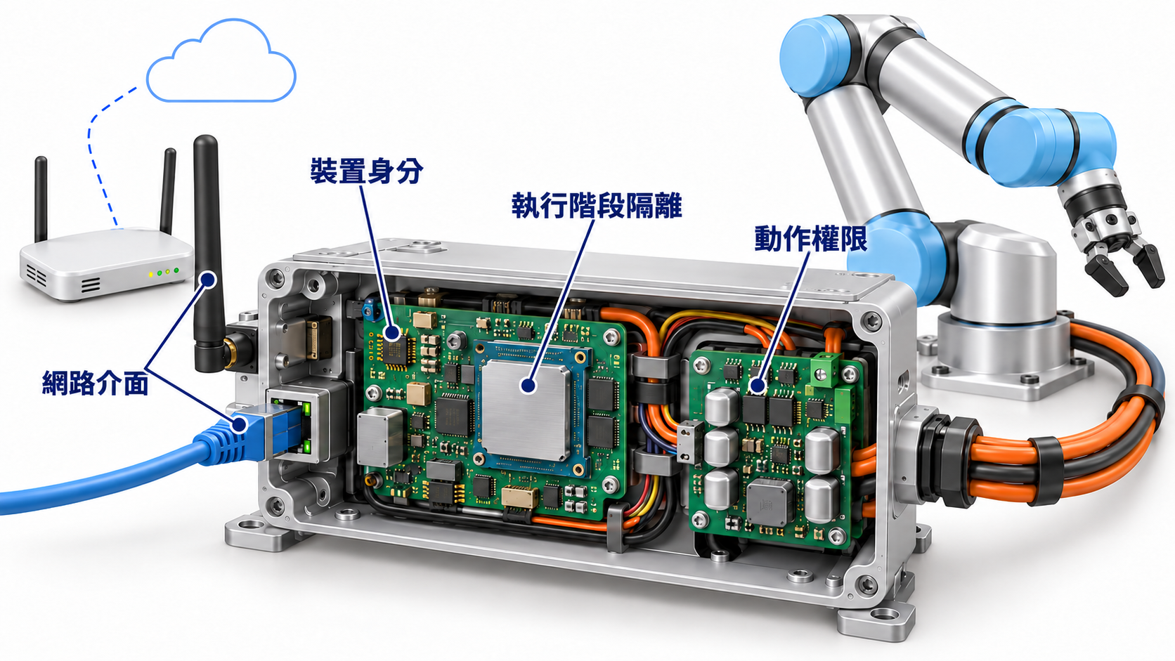 機器人安全邊界概念圖:裝置身分、網路介面、執行階段隔離與動作權限,分別是獨立的安全政策執行點。