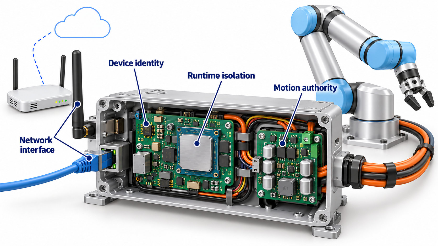 Conceptual robot security boundaries: device identity, network interface, runtime isolation, and motion authority are separate points of enforcement.