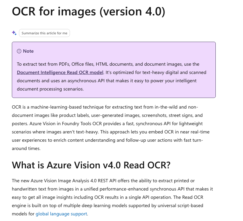Azure documentation distinguishing image OCR from Document Intelligence for documents.