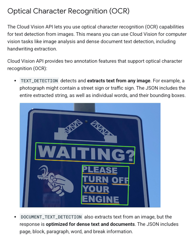 Cloud Vision documentation showing text detection and document text detection.