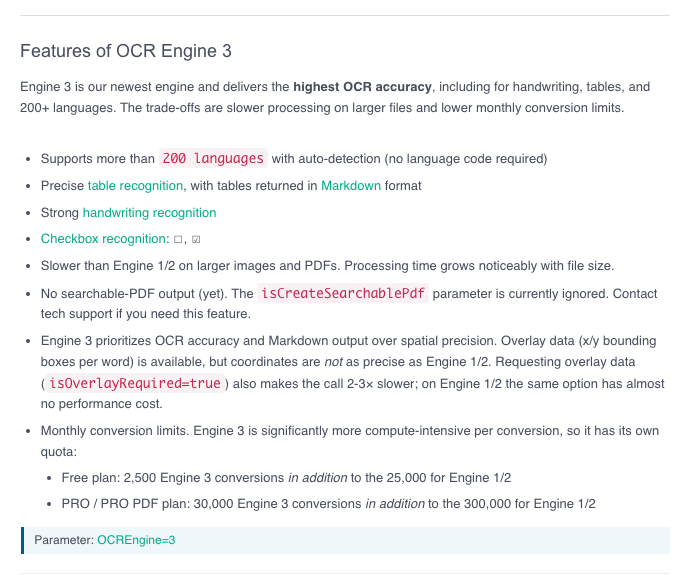 OCR.Space Engine 3 documentation showing language, table and handwriting capabilities and PDF limitations.