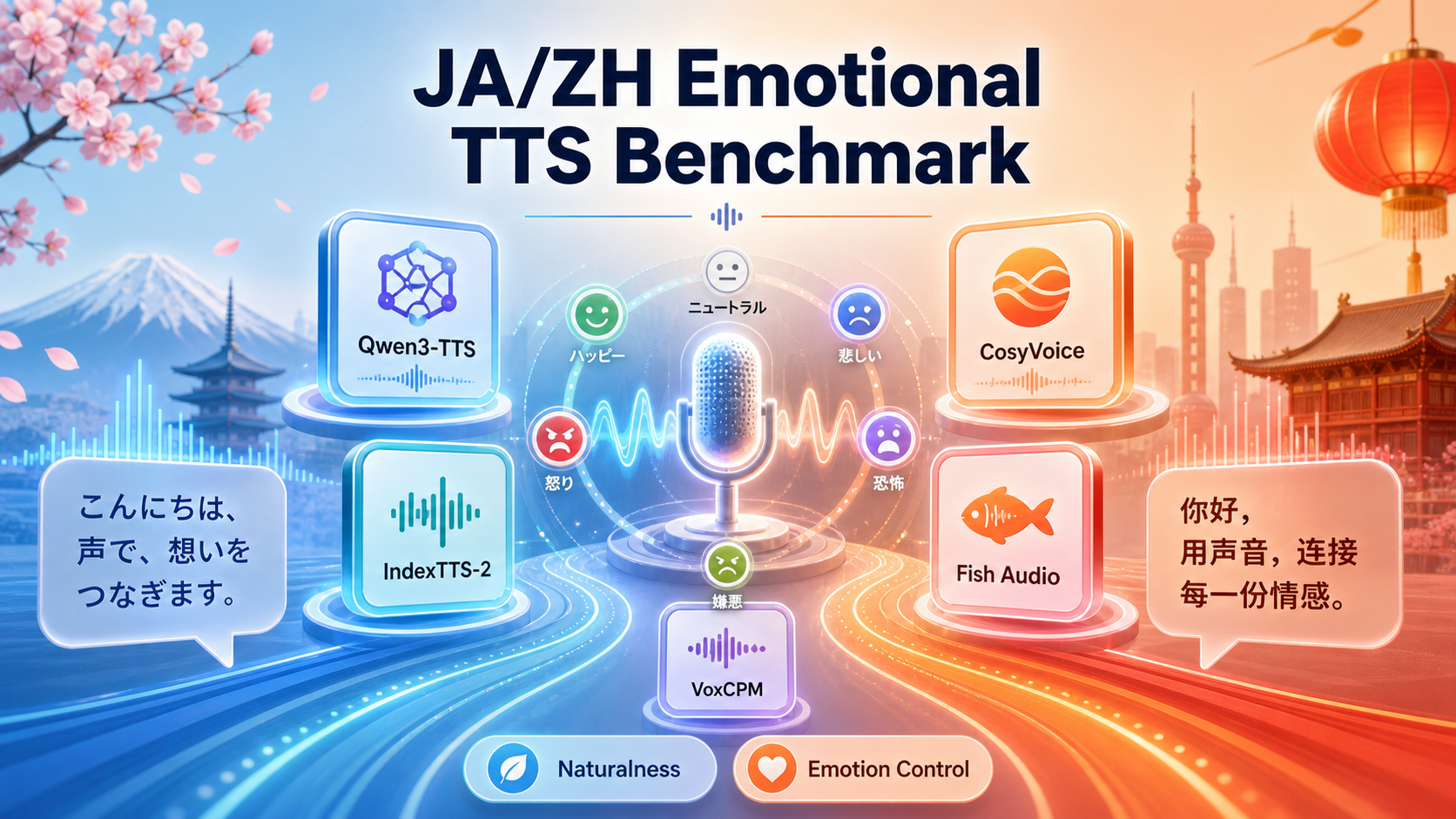 भावनात्मक TTS बेन्चमार्क: जापानी र चिनियाँका लागि Qwen3-TTS, CosyVoice, IndexTTS-2, Fish Audio र VoxCPM
