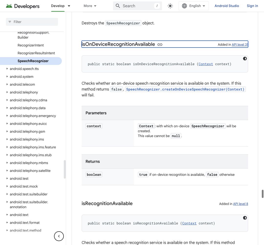 Android Speech (Offline) official API documentation