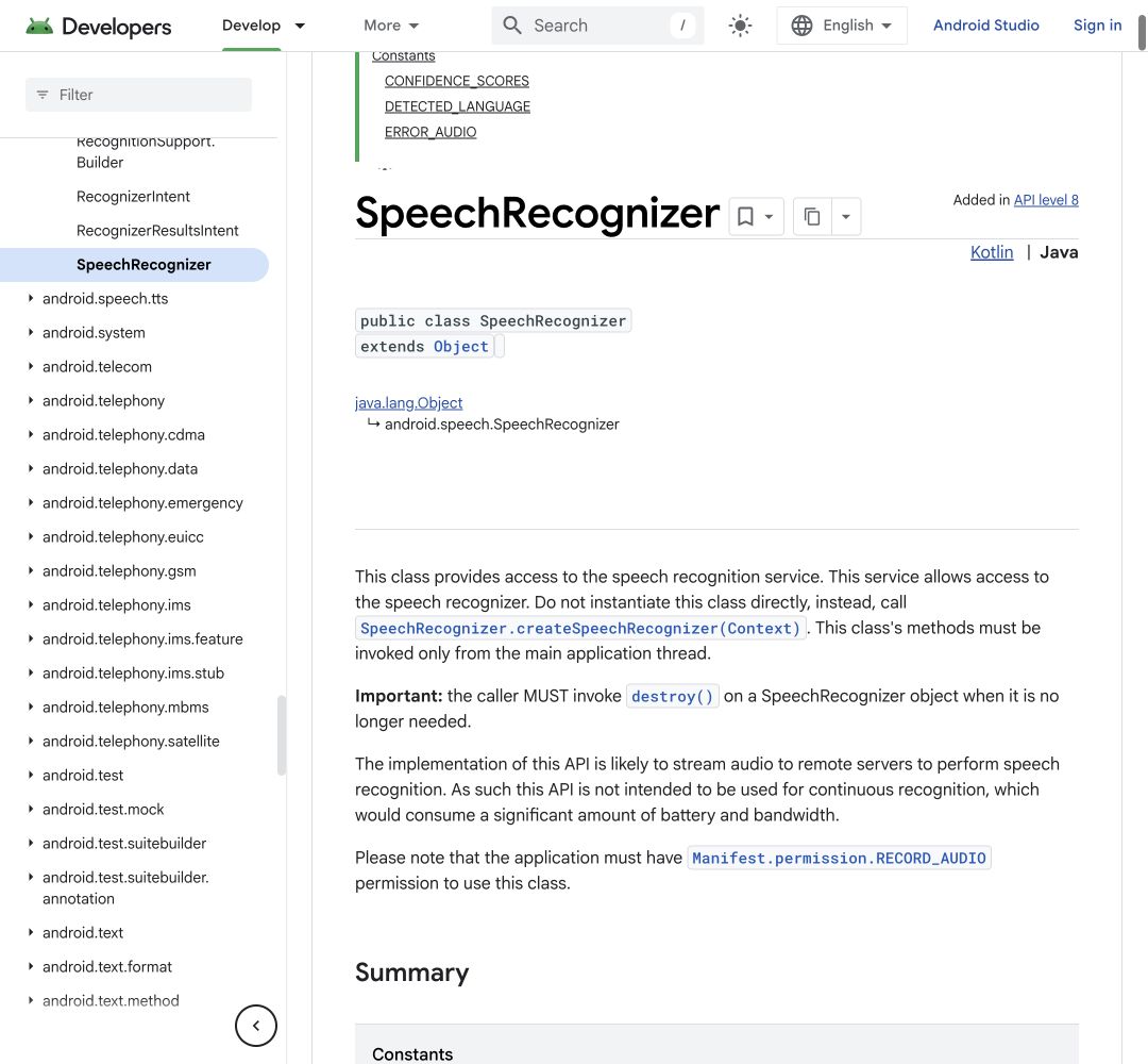 Android Speech (Online) official API documentation