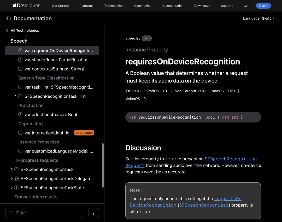 Apple Speech official API documentation