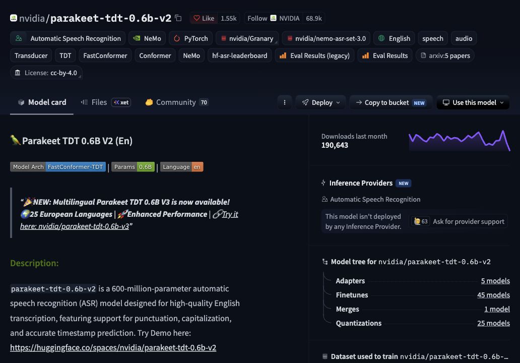 Parakeet TDT v2 official checkpoint reference