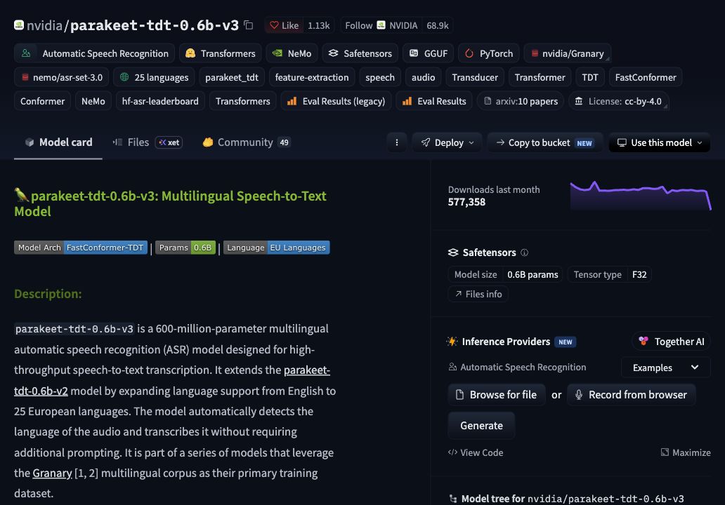 Parakeet TDT v3 official checkpoint reference