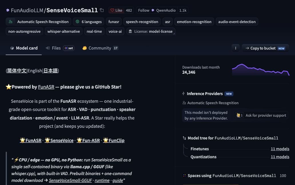 SenseVoice Small official checkpoint reference